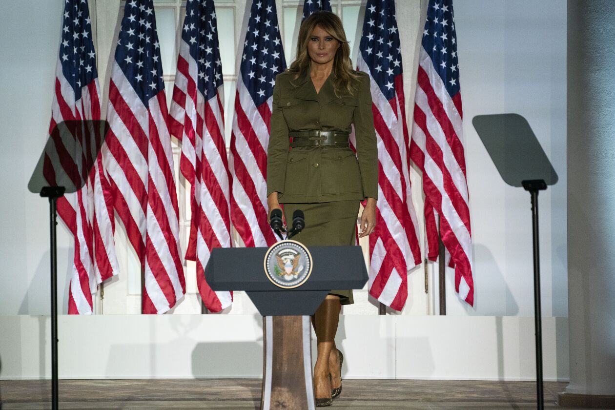 First lady Melania Trump arrives to speak to the 2020 Republican National Convention from the Rose Garden of the White House on Tuesday.